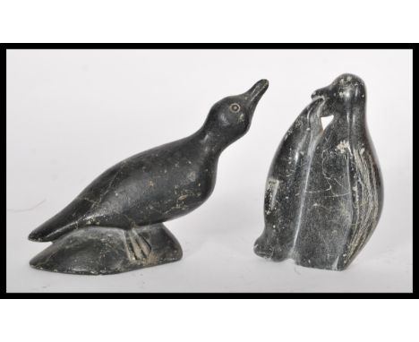 Two vintage early 20th century Inuit Eskimo carved soapstone figurines of birds. Signed by artists to bases. E91047 and E9112