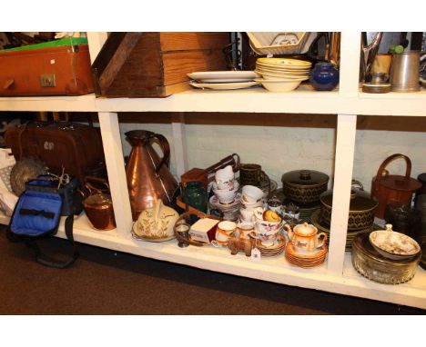 Large Victorian copper jug and kettle, binoculars, suitcase, telescope, Nikon camera, Hornsea Heirloom dinnerware, two suitca
