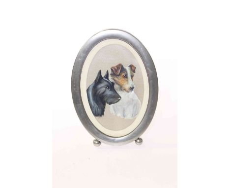 Vintage miniature painting of two terriers, framed