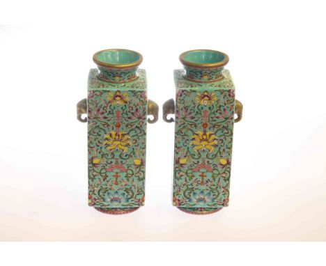 Pair of Chinese enamel painted square-section vases with turquoise ground, 23cm