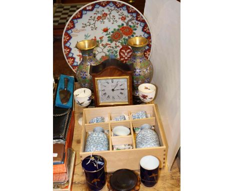 Comitti mantel clock, large Oriental plaque and china goblets, vases, cloisonne vases etc