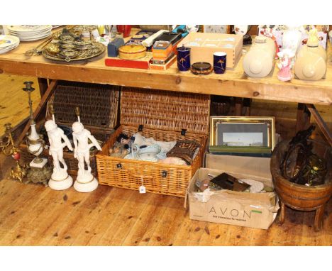 Collection of decorative wares including table lamps, toys, clock, pictures, planter, dressing table set, wicker hampers etc.