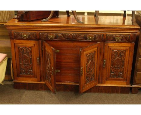George III circular oak snap top table, carved mahogany sideboard and Lincoln repro wall clock (3)