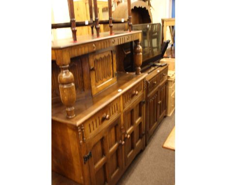 Oak court cupboard, dome top shelf back dresser and rectangular table (3)