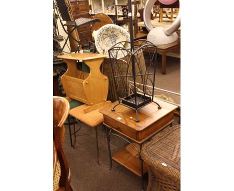 Rattan coffee table, wood and metal lamp table, metal hallstand, two side chairs, magazine table and wall mirror (7)