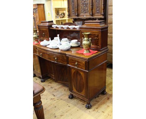 19th Century mahogany and satinwood inlaid sideboard having raised back with two cupboard doors above a central bow front dra