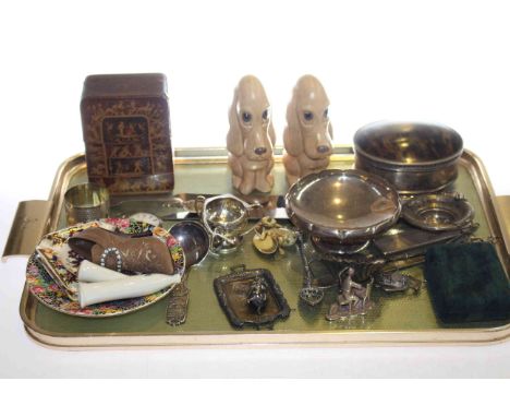 Silver dish, silver handled knives, comb, letter opener, two Sylvac dogs, a pair of Mason's ashtrays and collectables