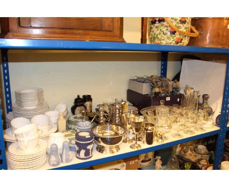 Royal Worcester green bamboo dinner and teaware, Wedgwood jasper ware, silver plate, glassware, Oriental figures etc.