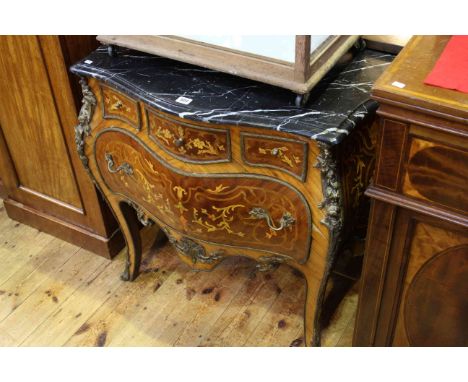 Continental inlaid and ormolu mounted marble topped bombe front commode