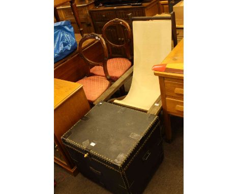 Pair Victorian walnut chairs, vintage deck chair and studded trunk (4)