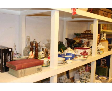 Pair of Staffordshire spaniels, wicker picnic hamper, mantel clock, kitchen scales, china and glass etc.
