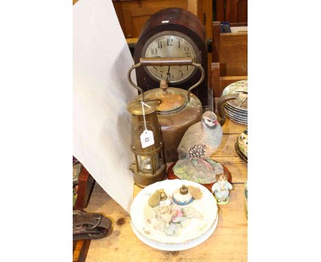 Miners lamp, copper kettle, mantel clock, Border Fine Arts partridge, Wade, plates etc.