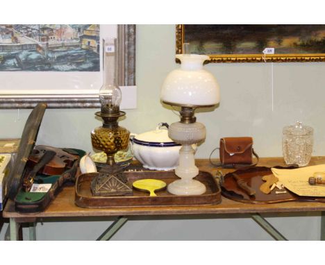 Two Victorian oil lamps, Cantonese enamel plates, trays, violin, antiques knitting sticks, camera etc.