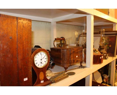 Balloon and mantel clocks, taxidermy, walnut jewel box, oil lamps, prints, copper kettle and pan etc.