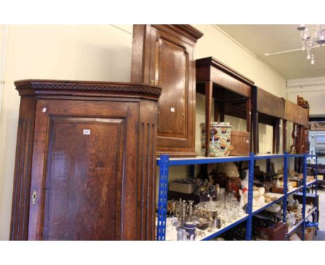 Three Antique oak fielded panel door wall cupboards, 19th Century mahogany fold top tea table and two oak drop leaf tables (6