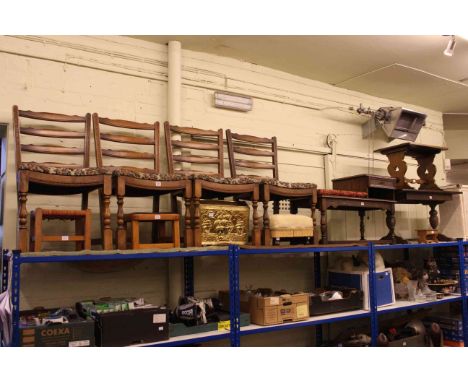Set of ladder back chairs, two oak coffee tables, telephone seat, pedestal, three stools, brass mag rack, two rugs and musica