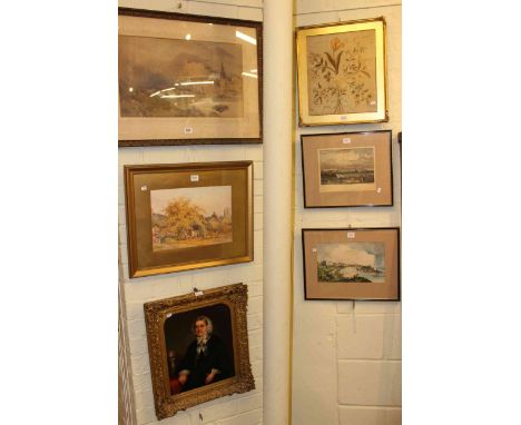 Edward Richardson, landscape watercolour, gilt framed portrait oil, gilt framed needlework and three pictures (6)
