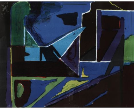 Wolfgang Leber, "Stadtmotiv"Abstraktion in Blau-Violett und Grün, mehrfarbiger Künstler-Handoffsetdruck, links unter der Abbi