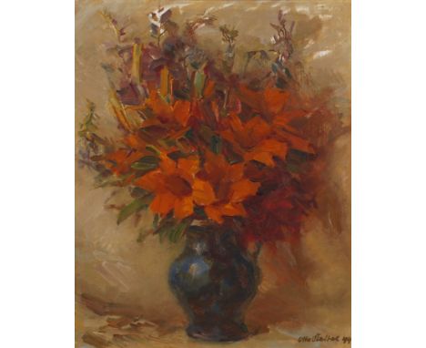 BlumenstilllebenSommerblumenstrauß in blauer Vase, flott mit breitem Pinselduktus erfasste Naturstudie, Öl auf Malkarton, rec