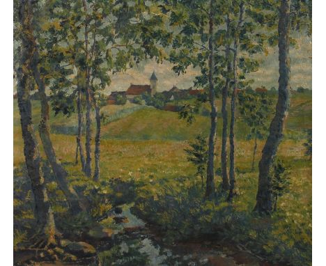 R. Mayer, Landschaft mit Kirchelocker impressionistisch gemalte sonnige Landschaft mit Dorf und Kirche, Öl auf dünnem Karton,