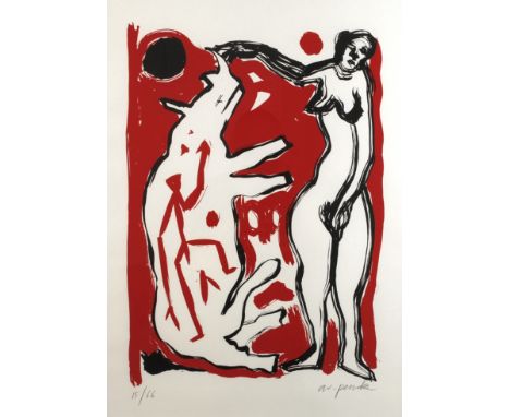 AR Penck, Nashorn und Fraustehendes Nashorn und Frauenakt, Farbsiebdruck, um 1990, unter der Darstellung in Blei rechts signi