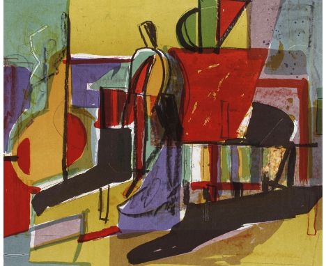 Wolfgang Leber, "Rotes Feld"farbenfrohe Komposition mit abstrahierten Personen im Interieur, Farblithografie in Blei signiert