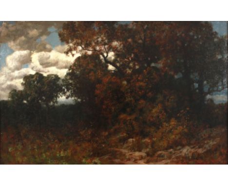 Hermann Rüdisühli, Gewitterlandschaftherbstlicher Wald mit bedrohlichen Wolken, Öl auf Malplatte, rechts unten in Rot signier