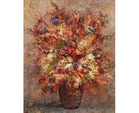 Ray, modernes Blumenstilllebenneoexpressiv gemalter Blumenstrauß in Vase, Öl auf Leinwand, unten rechts signiert Ray, rücksei