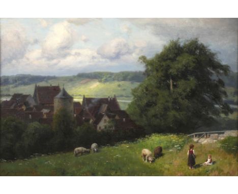 August Splitgerber, "Sommerhausen"Mainlandschaft mit dem Dörfchen Sommerhausen, im Vordergrund weiden Schafe und seitlich zwe