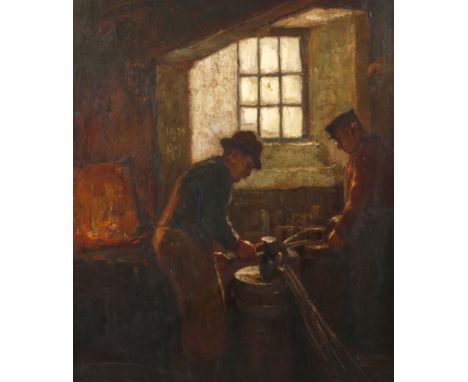 Rudolf Anton Guba, In der Schmiedezwei Handwerker beim Schmieden vor offenem Feuer, in einem alten Gemäuer, flott mit breitem