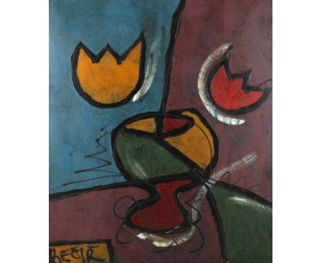 Prof. Bohumil Samuel Kecir, florale Abstraktiongelbe und rote Tulpe in bunter Vase, in kräftigen Farben mit schwarzen Konture