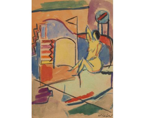Wolfgang Leber, Akt im Interieurstilisierte nackte Frau zwischen stilisierten Möbeln, Gouache auf bräunlichem Papier, mit Kug
