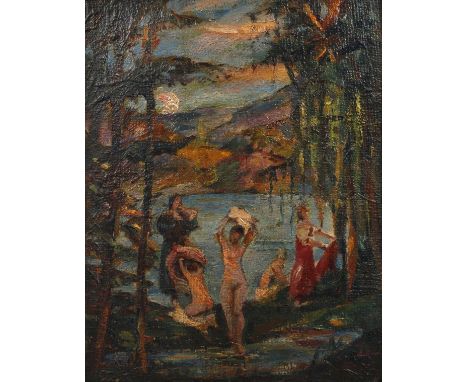 Hugo Kunz, Die Badendenvom Mondlicht beschienener Weiher mit jungen Frauen beim Baden, rechts unten unleserlich monogrammiert