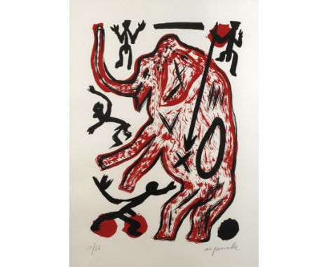 AR Penck, Stehender ElefantElefant, umgeben von für den Künstler typischen Figuren, Farbsiebdruck, um 1990, unter der Darstel