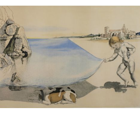 nach Salvador Dali, Surrealistische Kompositionmediterrane Landschaft mit Kind, welches das Meer in Form eines Tuches über de