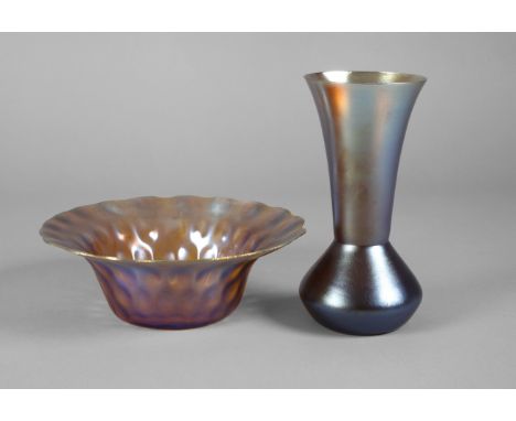 WMF Ikora Vase und Schale Myraglasum 1930, honiggelbes Glas mit Lüster, Schale im Rippenmodel vorgeblasen, beide Teile mit au