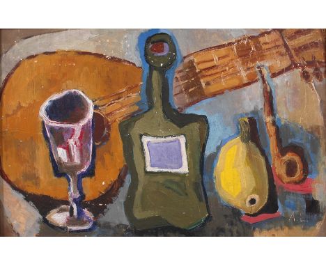 Monogrammist A.L., Expressives StilllebenKomposition aus Flasche und Glas mit Zitrone, Pfeife und Gitarre, lasierende, pastos
