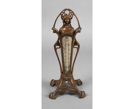 Thermometer Jugendstilum 1900, Metallguss, bronzefarben gefasst, durchbrochen gearbeitetes Gehäuse, bekrönt von plastischer J