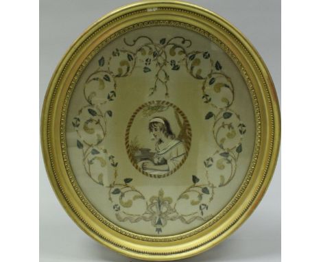 MISS BURTON OF NEWBY "Mrs Julia Whitworth" and "Study of Young Girl", silk needlework and watercolour portrait studies, circa