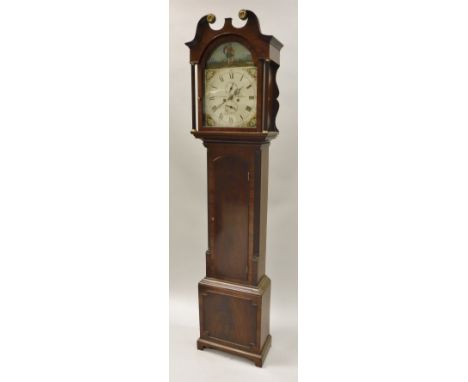 An early 19th Century Scottish mahogany cased long case clock with swan neck pediment with brass roundel decoration to the en