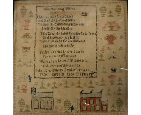 A Victorian needlework sampler by Elizabeth Bulman aged 11 years, 1845, featuring church, house, bushes, etc, 44.5 cm x 45 cm