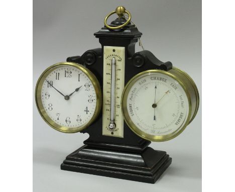 A Victorian weather station on ebonised support, the clock with the circular dial with Arabic numerals, aneroid barometer and