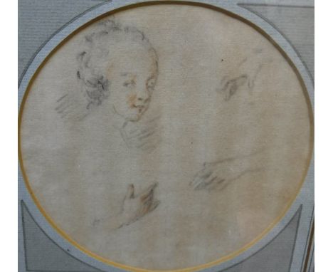 SCHOOL OF JEAN-BAPTISTE DESHAYS "Sketch study of a lady's head and various hands", pencil, colour heightened, unsigned, appro