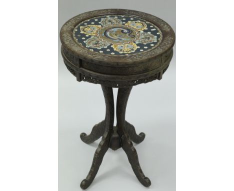 A 19th Century Chinese cloisonné centre table, with hardwood frame, the circular top featuring a central three toed dragon, s