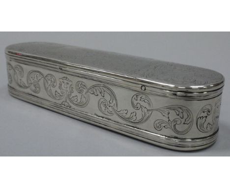 A 19th Century Dutch silver tobacco box in the 18th Century manner of rectangular form with rounded ends and engraved decorat