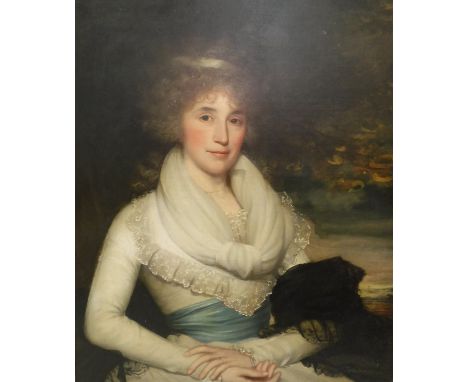 ATTRIBUTED TO JOHN HOPPNER (1758-1810) "Lady Fisher", portrait study of a lady in white lace-trimmed dress seated at the base