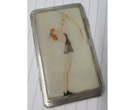 A white metal case, with a panel of a lady with bow and arrow