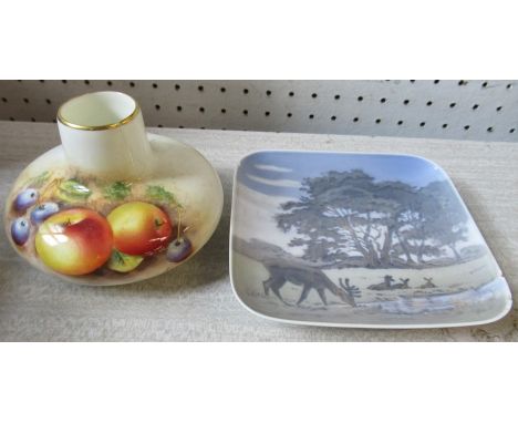 A Royal Worcester vase, decorated with fruit to the front by Roberts, af, together with a Royal Copenhagen square dish