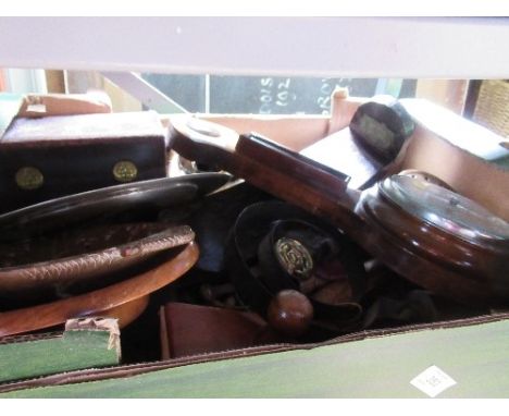 A box of sundries to include barometer, bells, blotter, etc.