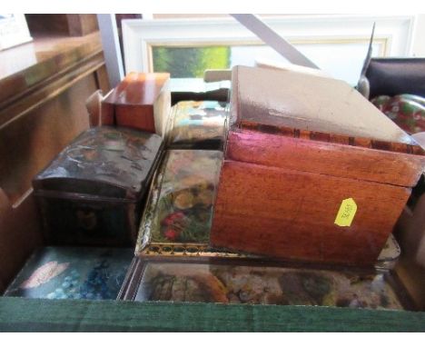 A box to include decorative tins, 19th century tea caddy, etc.